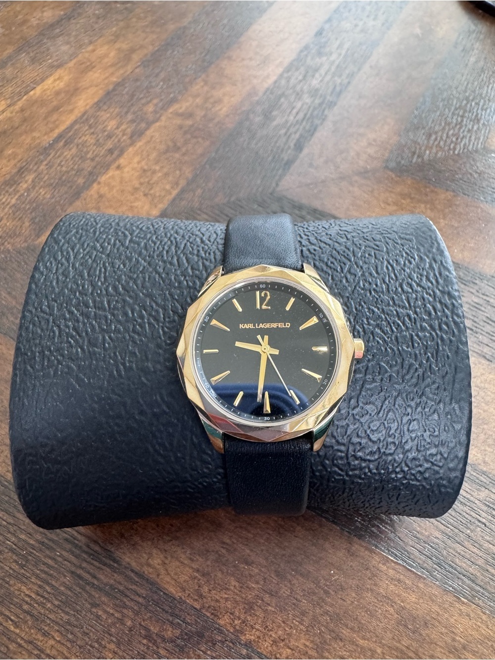 Karl Lagerfeld Minimalist Gold Bezel and Black Leather Strap Watch